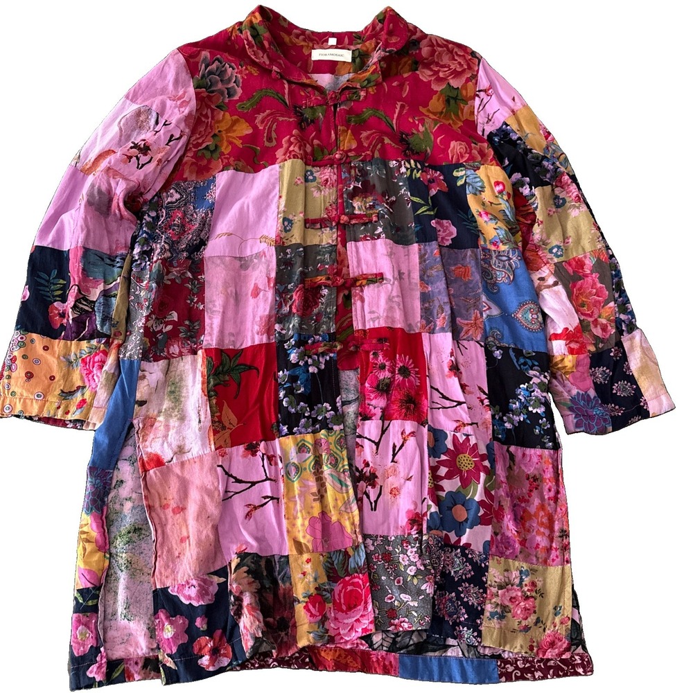 Womens L Colorful Mixed Florals Patchwork top Long sleeve toggle up tunic topper